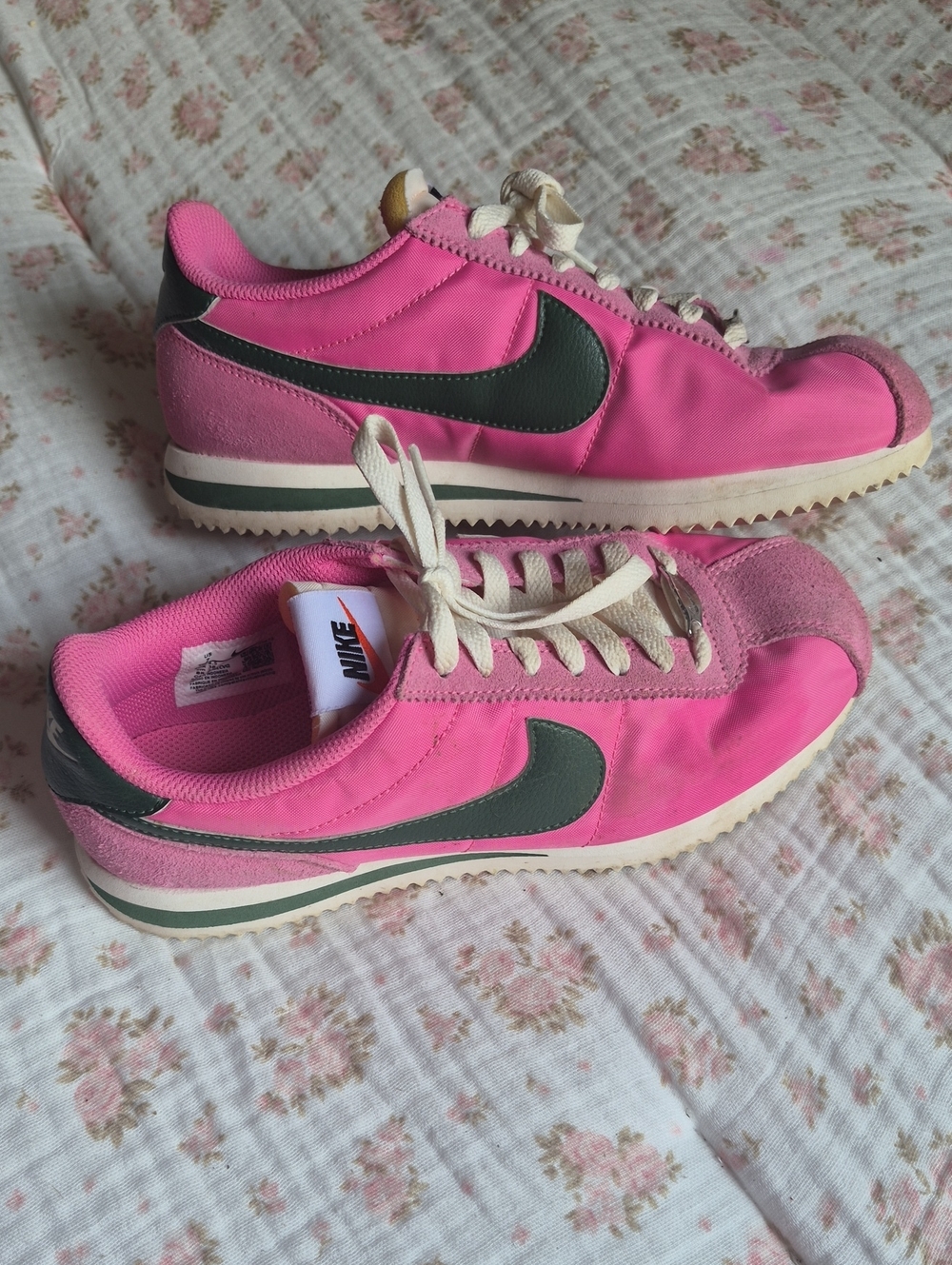Nike Women's Cortez Pink Women's Retro Runner Sneakers with Dark Green Swoosh